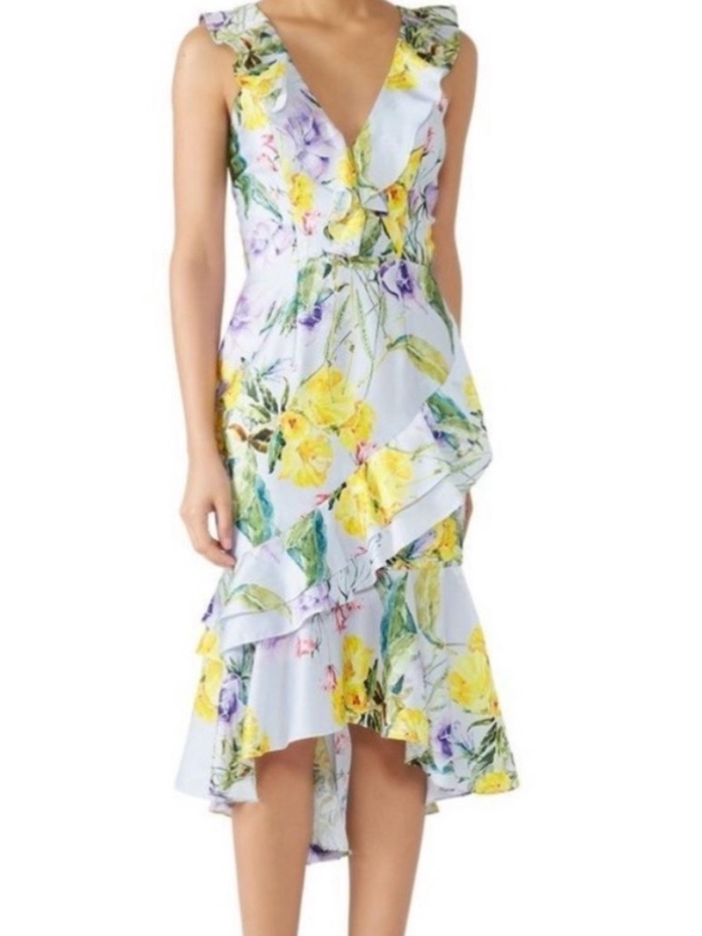 Vone Floral Ruffle V-Neck Midi Dress in Light Blue and Yellow